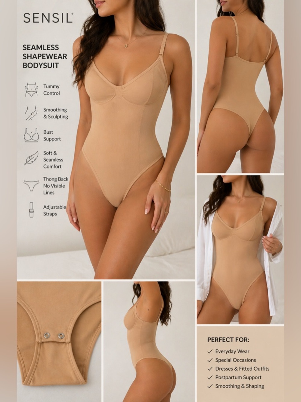 NWT Sensil Seamless Shapewear Bodysuit Beige M/L Sculpting Thong Adj. Straps